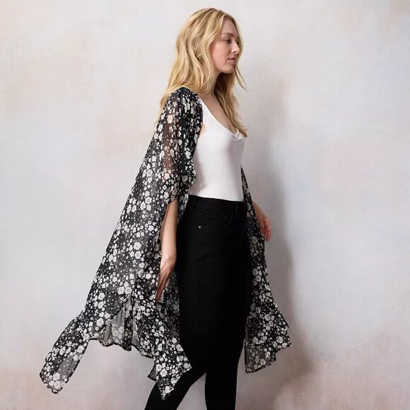 NWT LC LAuren COnrad Black White Floral Open Front Flowy BOho KImono Cardigan OS - Picture 1 of 10